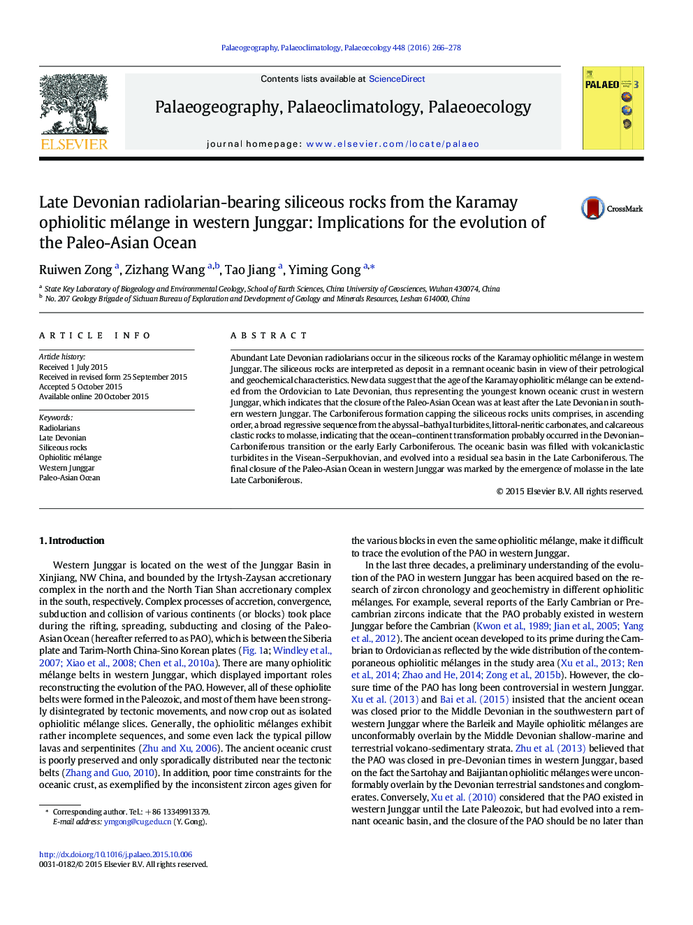 Late Devonian radiolarian-bearing siliceous rocks from the Karamay ophiolitic mélange in western Junggar: Implications for the evolution of the Paleo-Asian Ocean