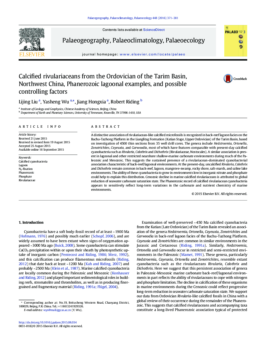 Calcified rivulariaceans from the Ordovician of the Tarim Basin, Northwest China, Phanerozoic lagoonal examples, and possible controlling factors