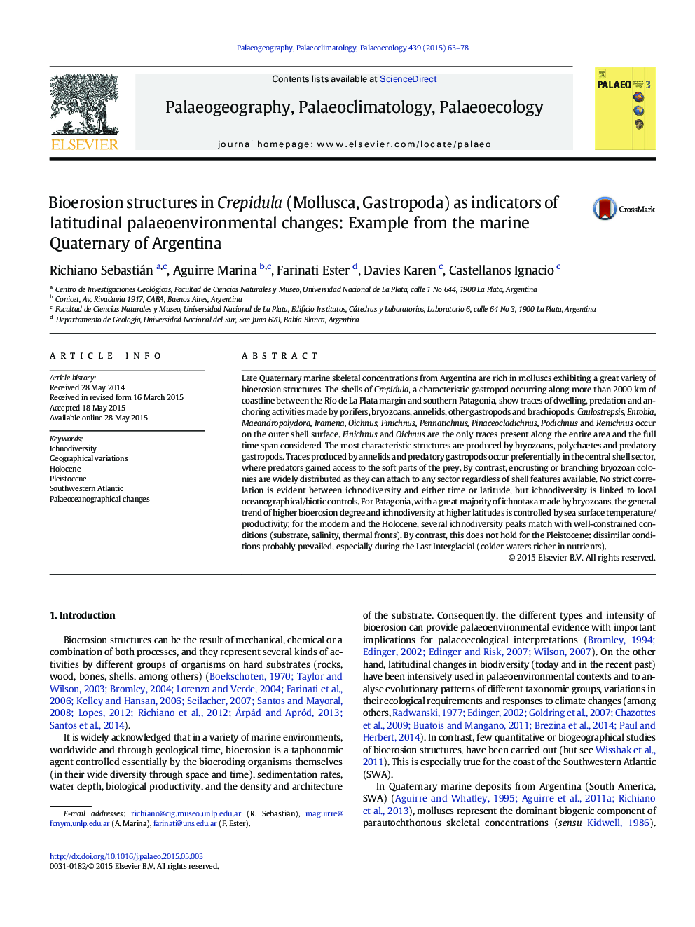 Bioerosion structures in Crepidula (Mollusca, Gastropoda) as indicators of latitudinal palaeoenvironmental changes: Example from the marine Quaternary of Argentina