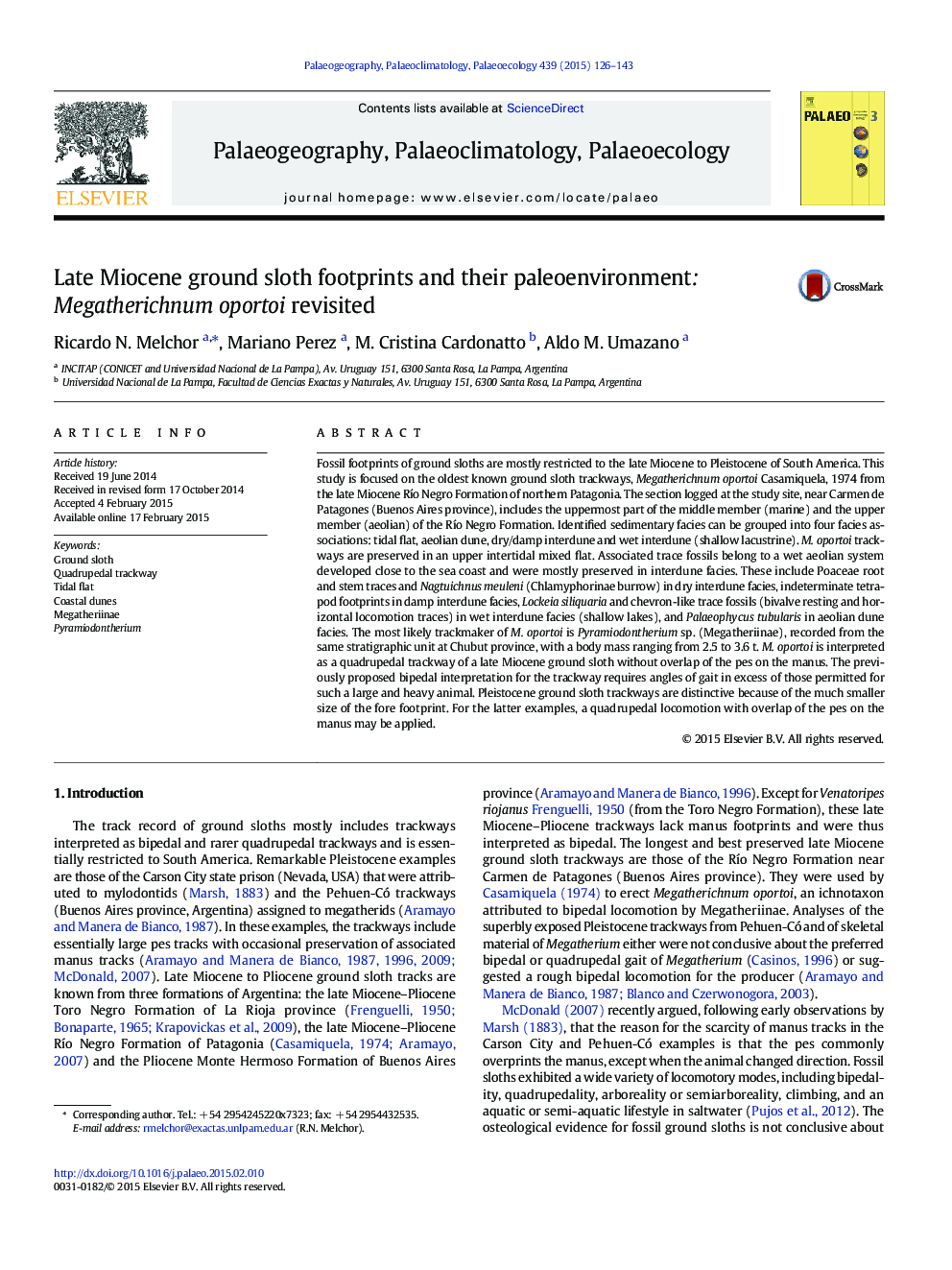 Late Miocene ground sloth footprints and their paleoenvironment: Megatherichnum oportoi revisited