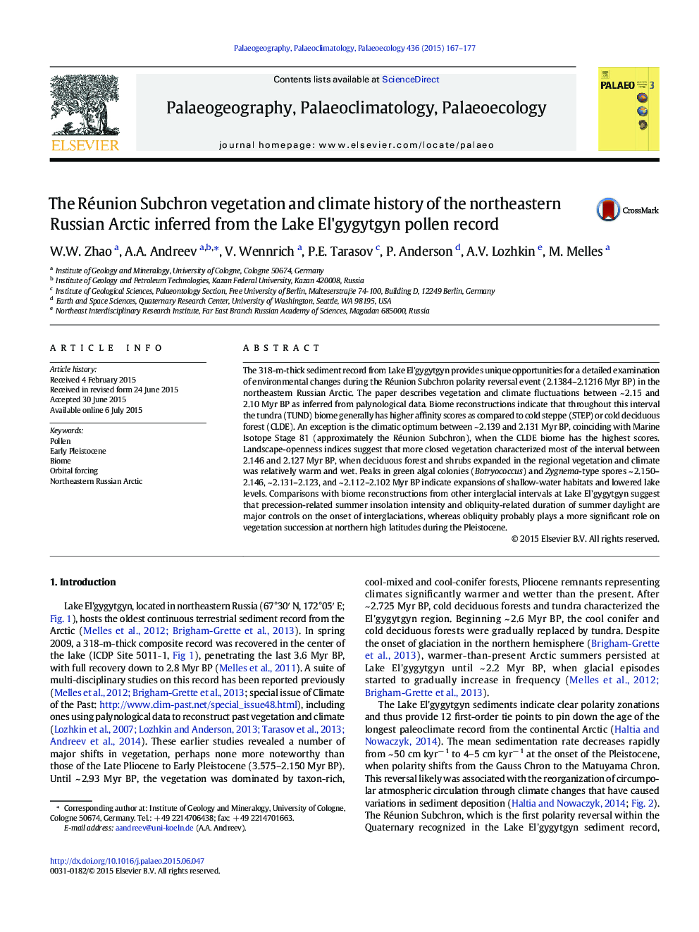 The Réunion Subchron vegetation and climate history of the northeastern Russian Arctic inferred from the Lake El'gygytgyn pollen record