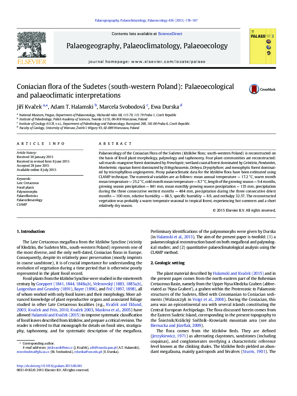 Coniacian flora of the Sudetes (south-western Poland): Palaeoecological and palaeoclimatic interpretations