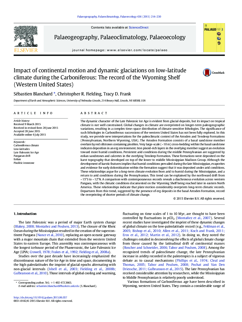 Impact of continental motion and dynamic glaciations on low-latitude climate during the Carboniferous: The record of the Wyoming Shelf (Western United States)