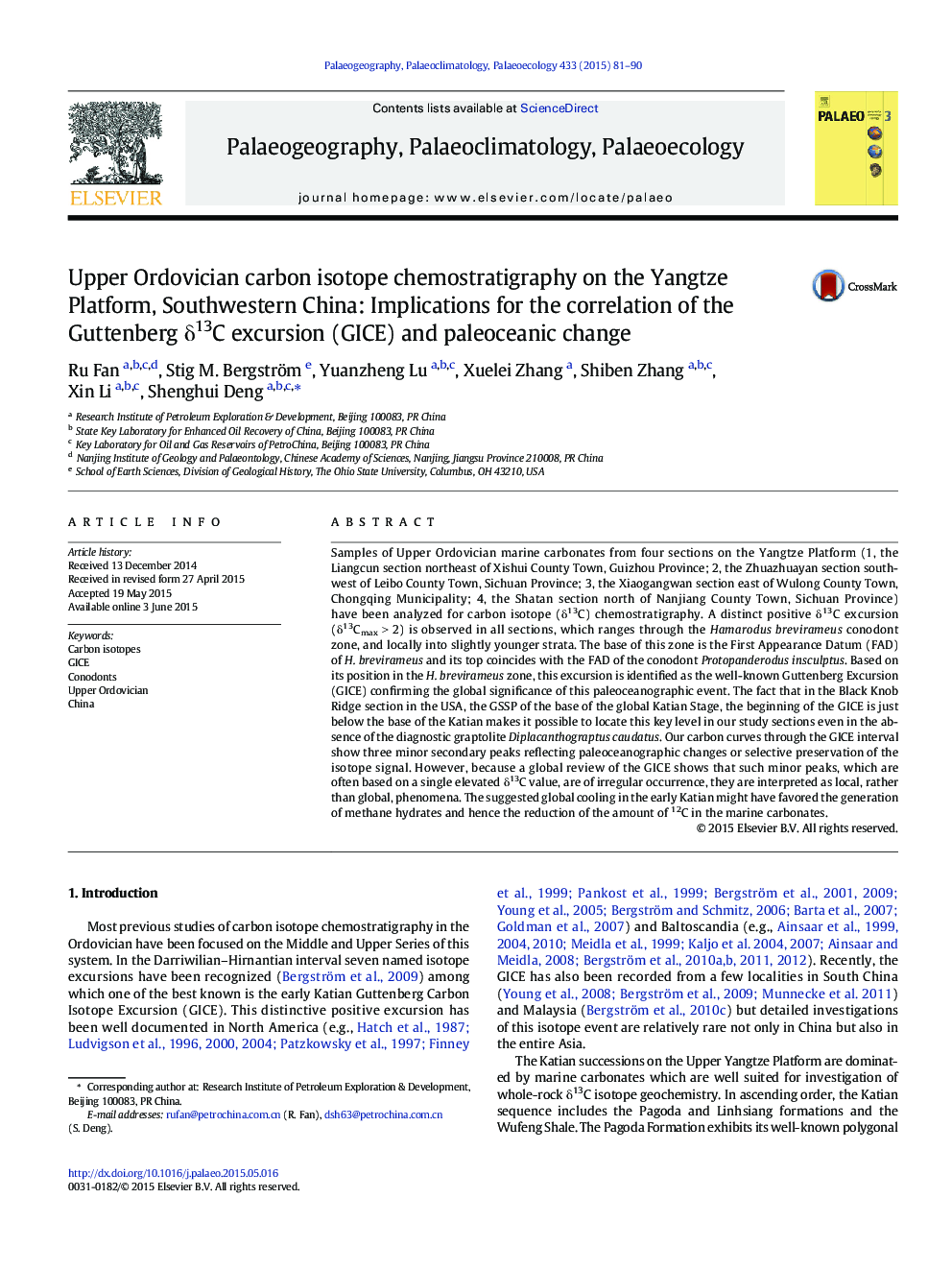 Upper Ordovician carbon isotope chemostratigraphy on the Yangtze Platform, Southwestern China: Implications for the correlation of the Guttenberg δ13C excursion (GICE) and paleoceanic change