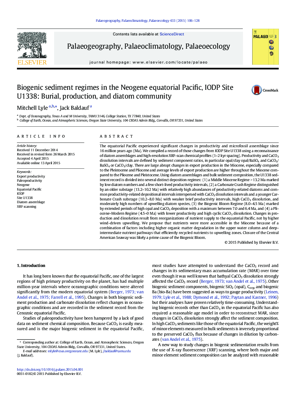 Biogenic sediment regimes in the Neogene equatorial Pacific, IODP Site U1338: Burial, production, and diatom community