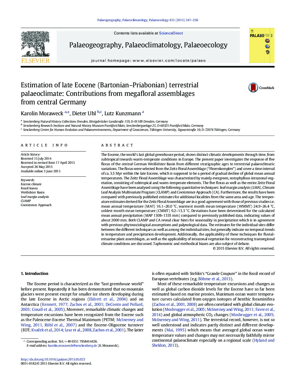 Estimation of late Eocene (Bartonian–Priabonian) terrestrial palaeoclimate: Contributions from megafloral assemblages from central Germany