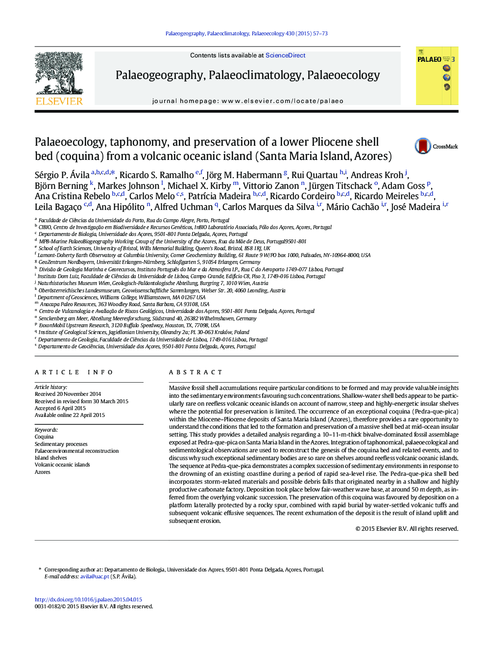 Palaeoecology, taphonomy, and preservation of a lower Pliocene shell bed (coquina) from a volcanic oceanic island (Santa Maria Island, Azores)