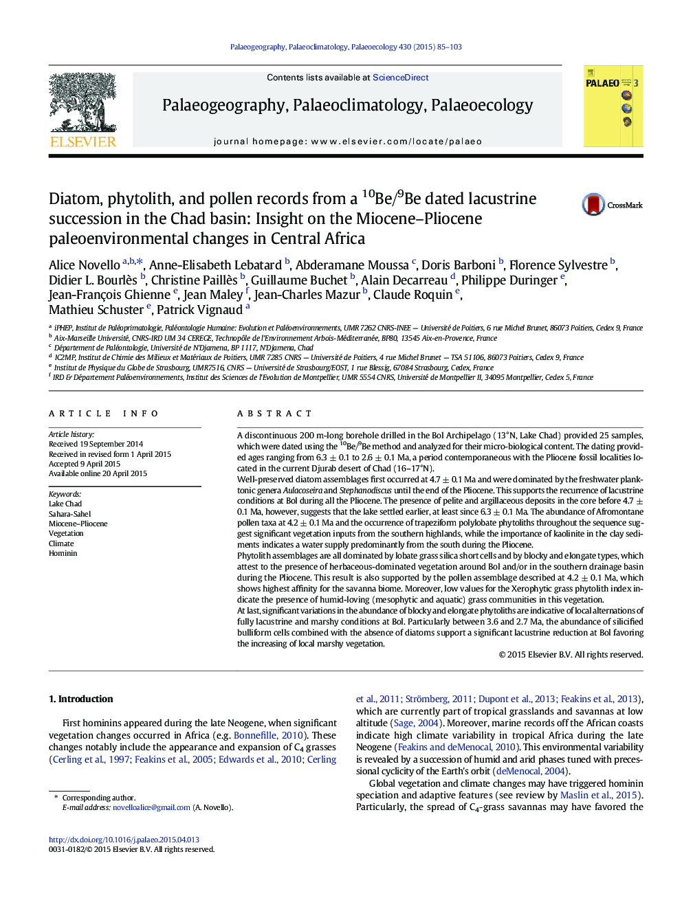 Diatom, phytolith, and pollen records from a 10Be/9Be dated lacustrine succession in the Chad basin: Insight on the Miocene–Pliocene paleoenvironmental changes in Central Africa