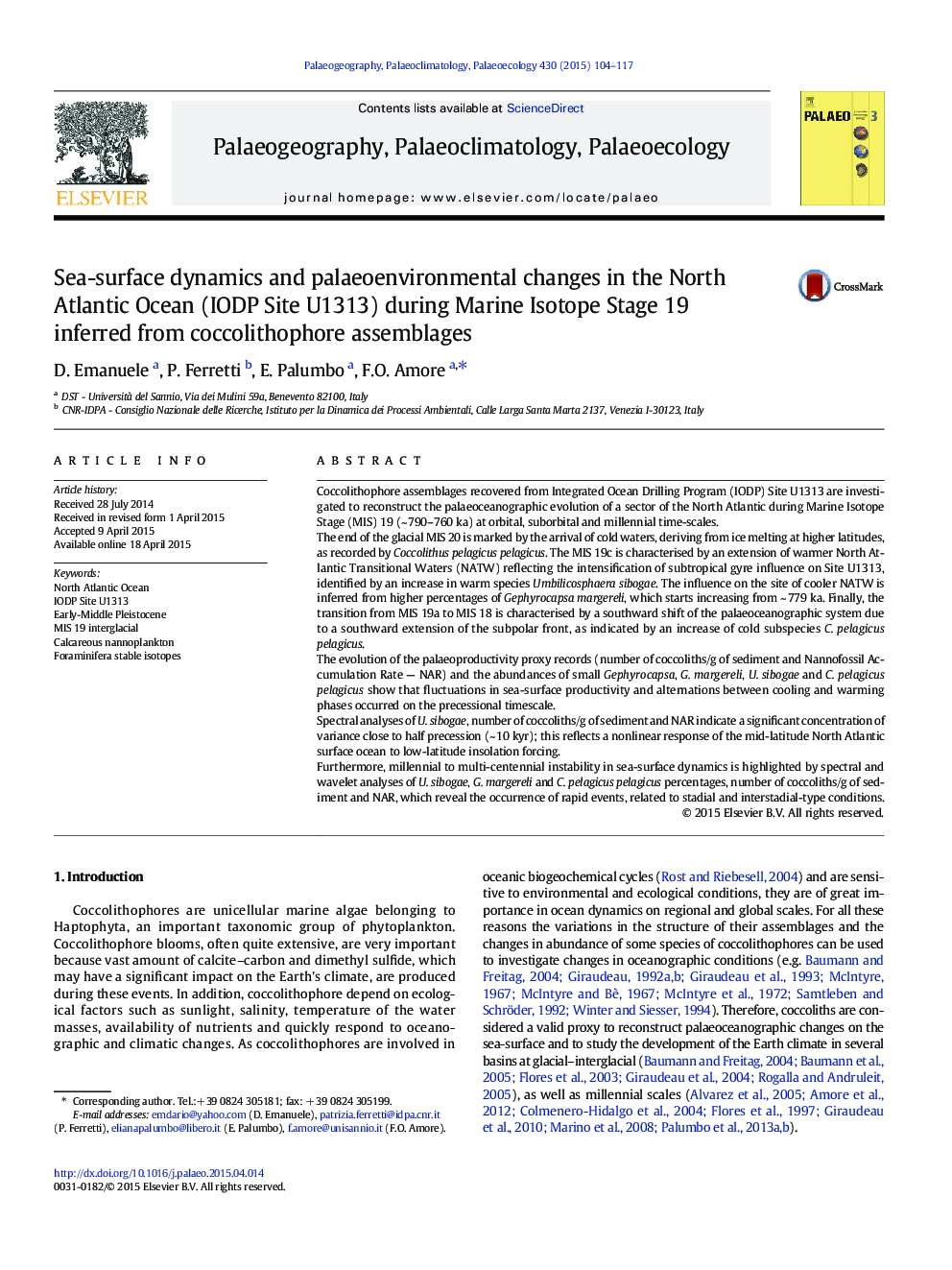 Sea-surface dynamics and palaeoenvironmental changes in the North Atlantic Ocean (IODP Site U1313) during Marine Isotope Stage 19 inferred from coccolithophore assemblages