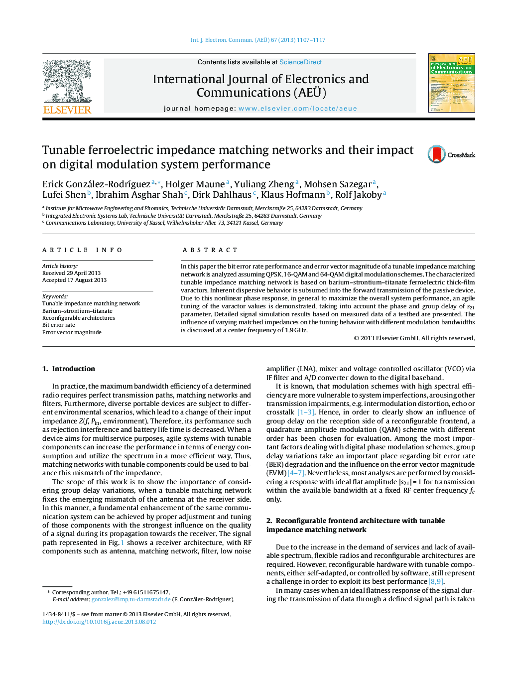 Tunable ferroelectric impedance matching networks and their impact on digital modulation system performance