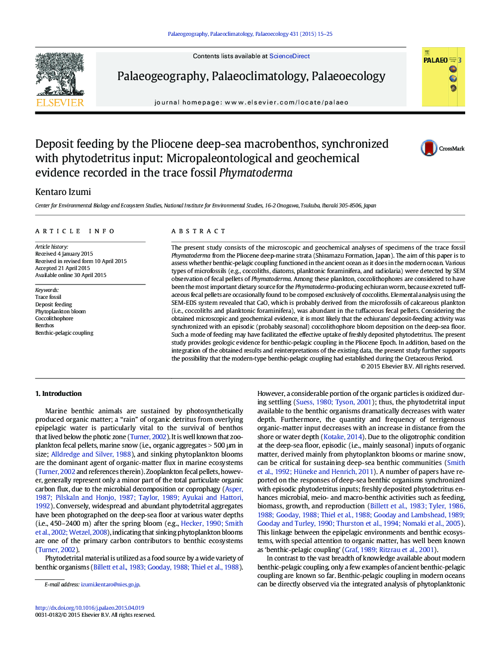 تغذیه وظیفه توسط ماکبوتوز دریای عمیق دریایی پیلوسان، هماهنگ با ورود فیتودیتریتوس: شواهد میکروپالئونتولوژیک و ژئوشیمیایی موجود در فیماتودرما فسیلی 
