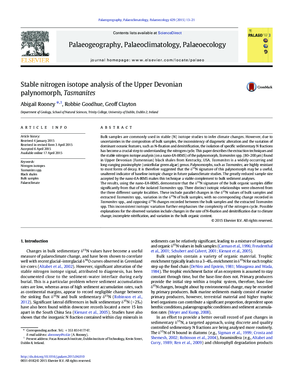 Stable nitrogen isotope analysis of the Upper Devonian palynomorph, Tasmanites