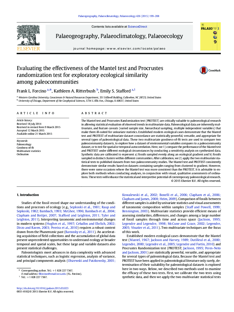 Evaluating the effectiveness of the Mantel test and Procrustes randomization test for exploratory ecological similarity among paleocommunities