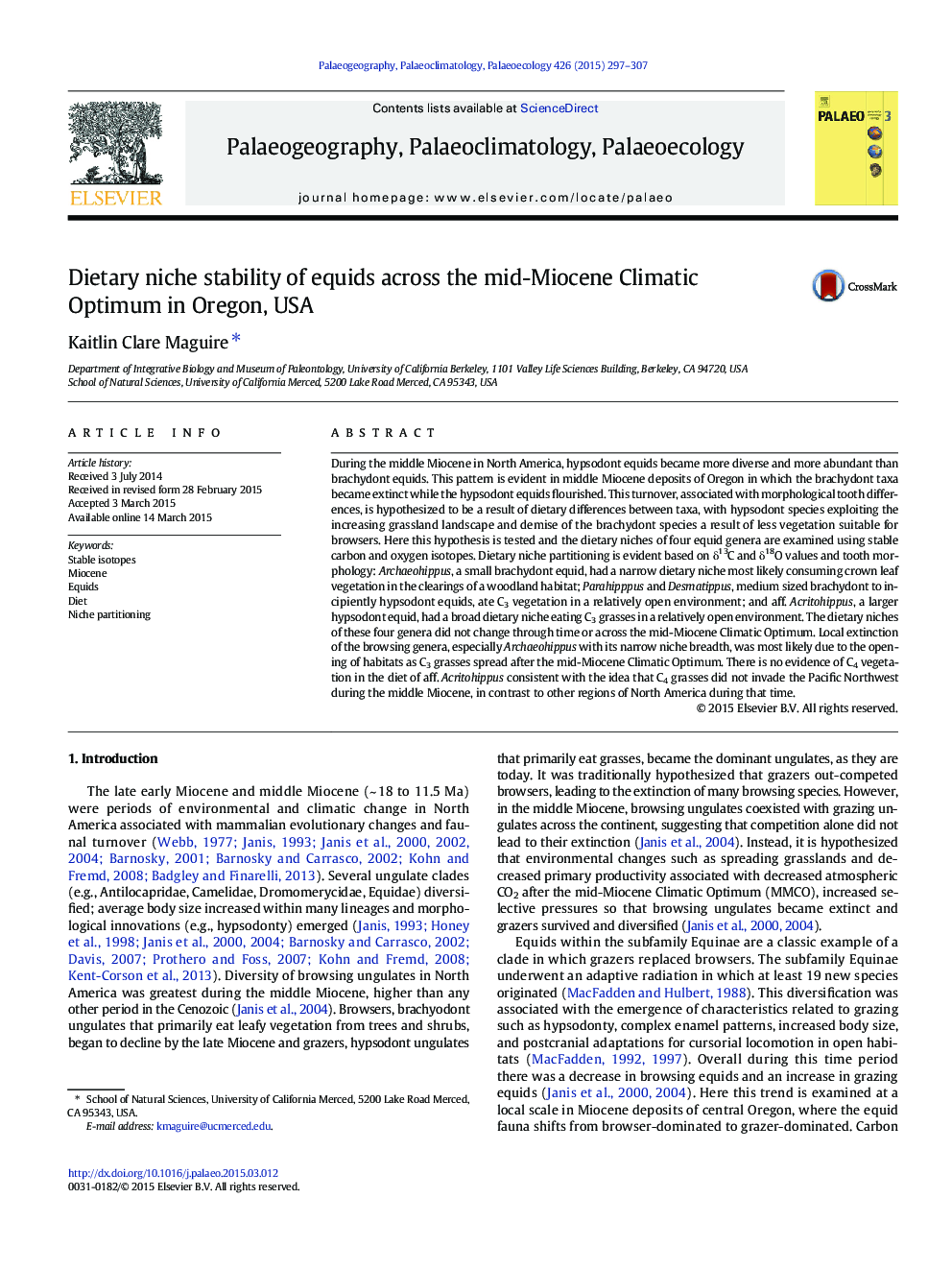 Dietary niche stability of equids across the mid-Miocene Climatic Optimum in Oregon, USA