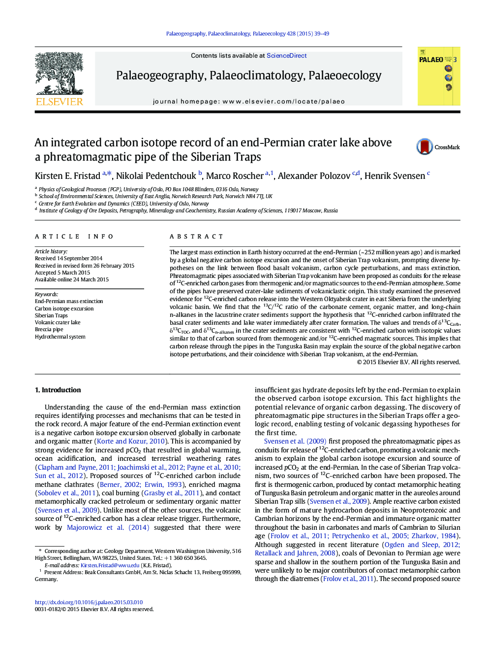 An integrated carbon isotope record of an end-Permian crater lake above a phreatomagmatic pipe of the Siberian Traps