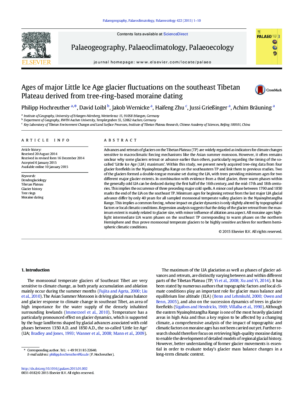 Ages of major Little Ice Age glacier fluctuations on the southeast Tibetan Plateau derived from tree-ring-based moraine dating