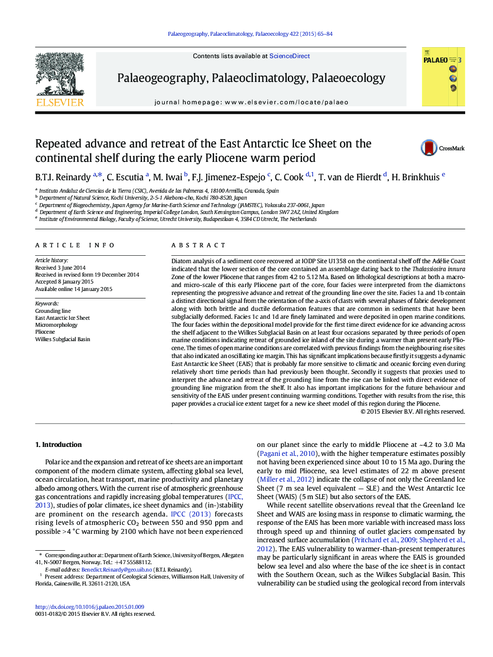 Repeated advance and retreat of the East Antarctic Ice Sheet on the continental shelf during the early Pliocene warm period