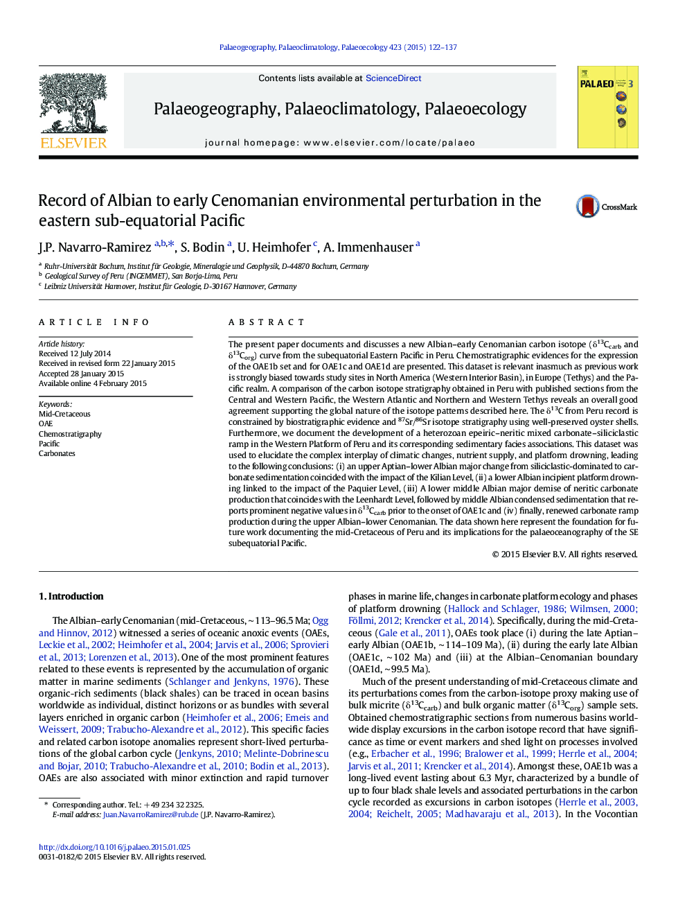 Record of Albian to early Cenomanian environmental perturbation in the eastern sub-equatorial Pacific