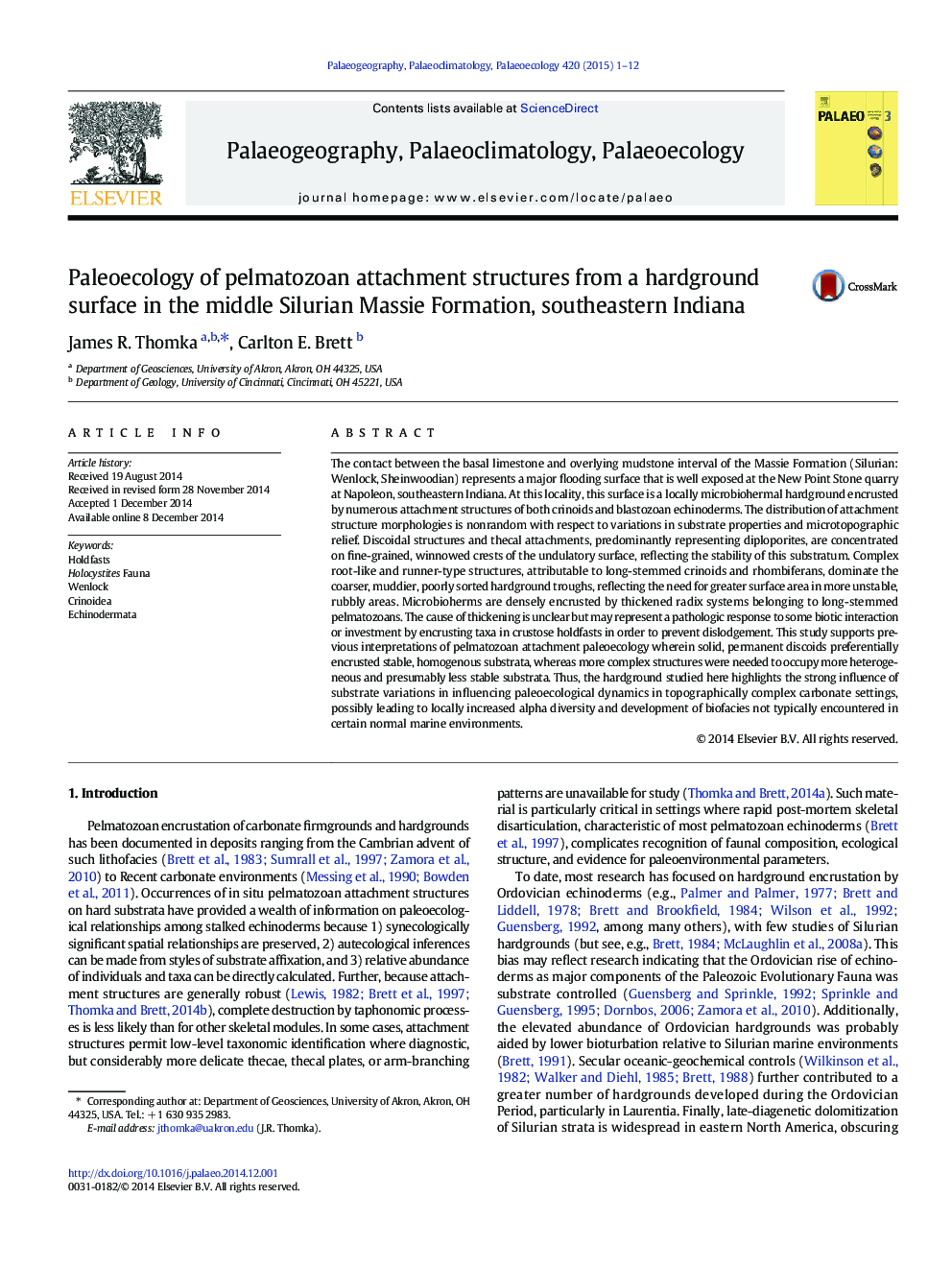 Paleoecology of pelmatozoan attachment structures from a hardground surface in the middle Silurian Massie Formation, southeastern Indiana