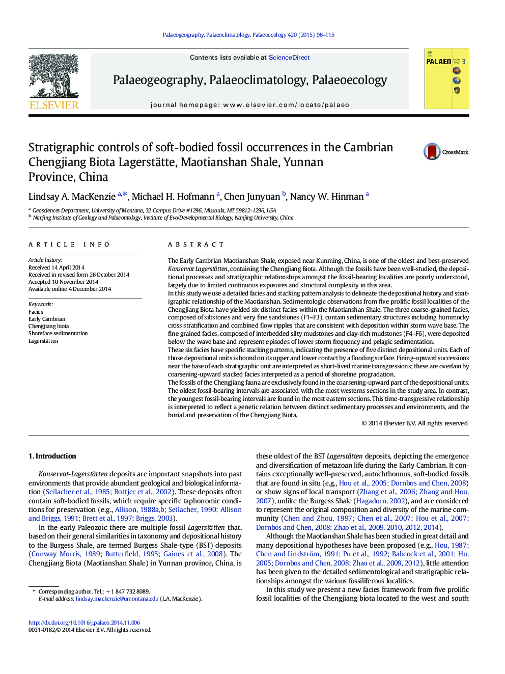 Stratigraphic controls of soft-bodied fossil occurrences in the Cambrian Chengjiang Biota Lagerstätte, Maotianshan Shale, Yunnan Province, China