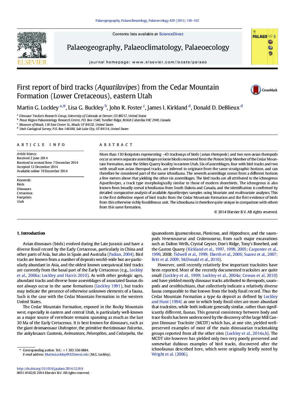 First report of bird tracks (Aquatilavipes) from the Cedar Mountain Formation (Lower Cretaceous), eastern Utah