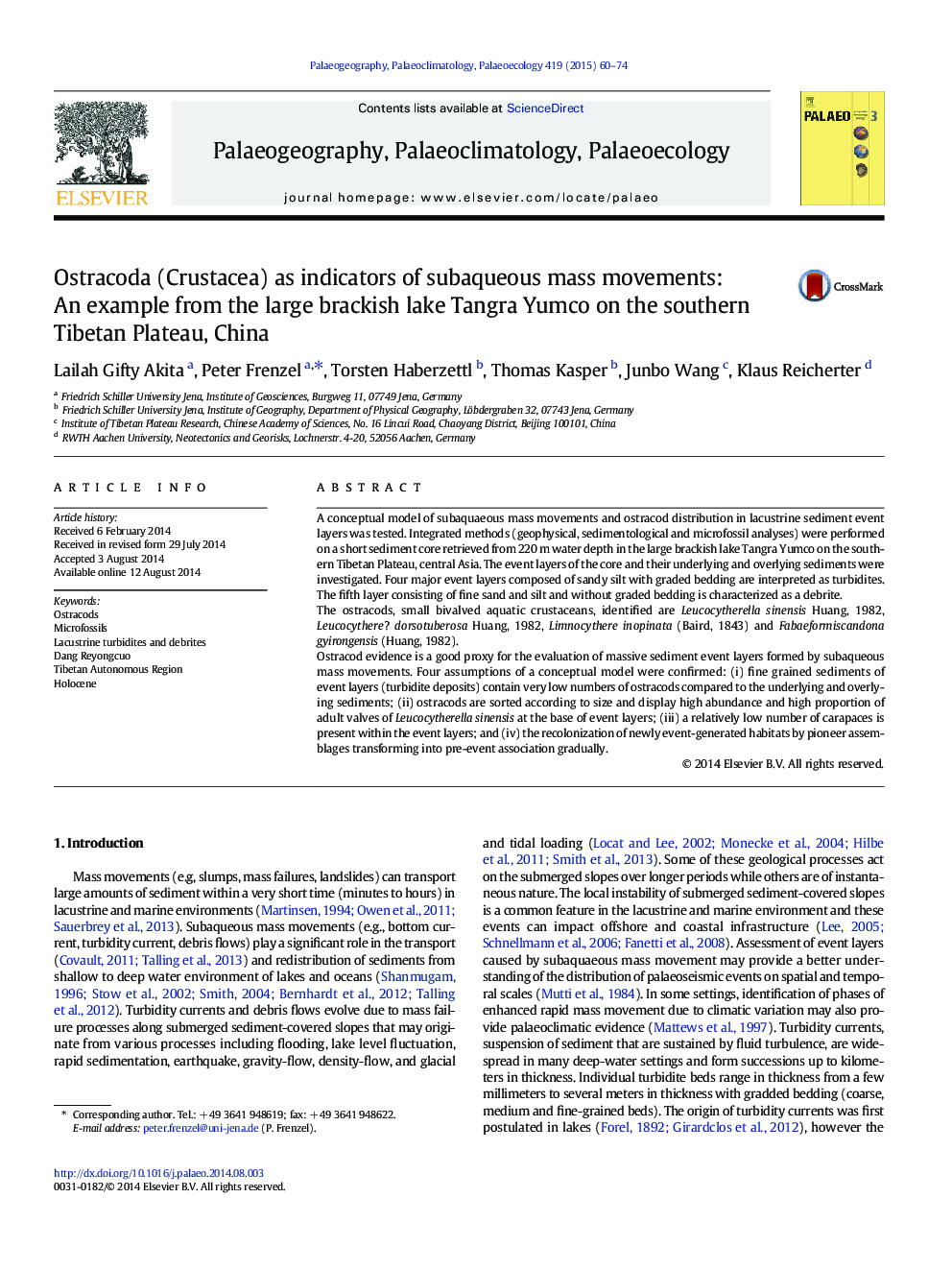 Ostracoda (Crustacea) as indicators of subaqueous mass movements: An example from the large brackish lake Tangra Yumco on the southern Tibetan Plateau, China