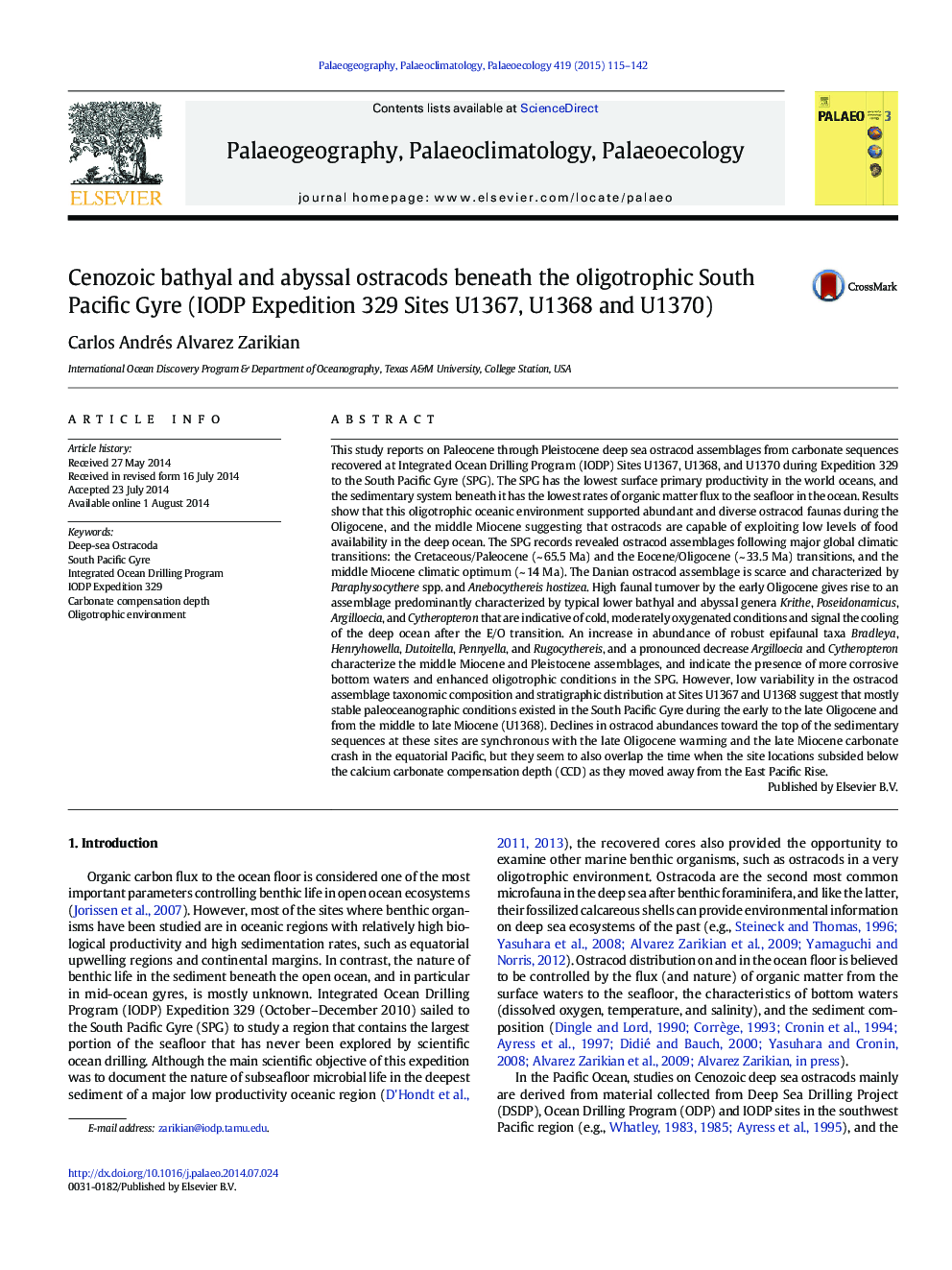 Cenozoic bathyal and abyssal ostracods beneath the oligotrophic South Pacific Gyre (IODP Expedition 329 Sites U1367, U1368 and U1370)