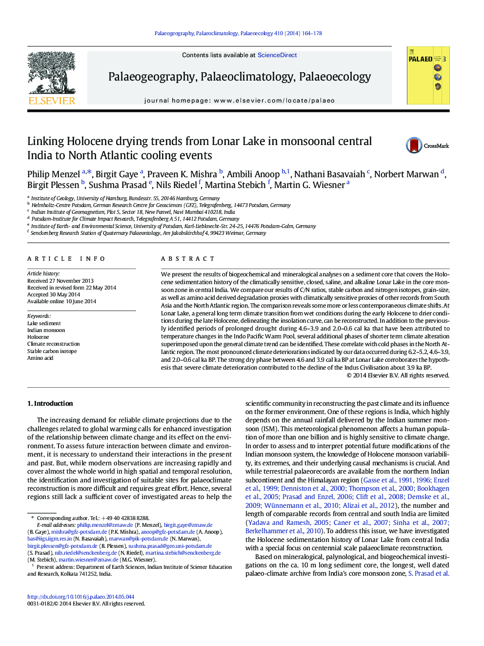 Linking Holocene drying trends from Lonar Lake in monsoonal central India to North Atlantic cooling events