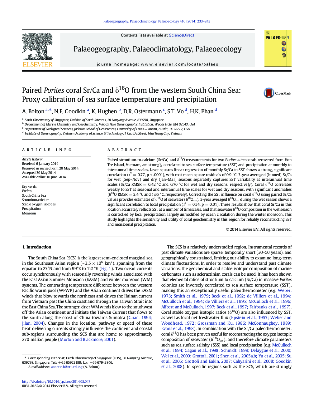 Paired Porites coral Sr/Ca and δ18O from the western South China Sea: Proxy calibration of sea surface temperature and precipitation