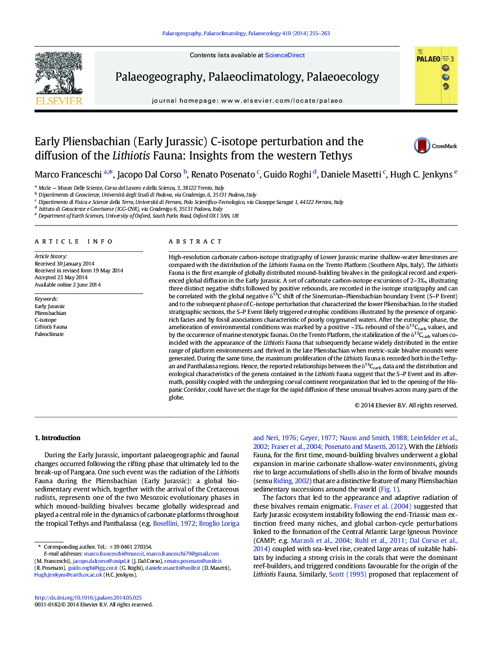 Early Pliensbachian (Early Jurassic) C-isotope perturbation and the diffusion of the Lithiotis Fauna: Insights from the western Tethys