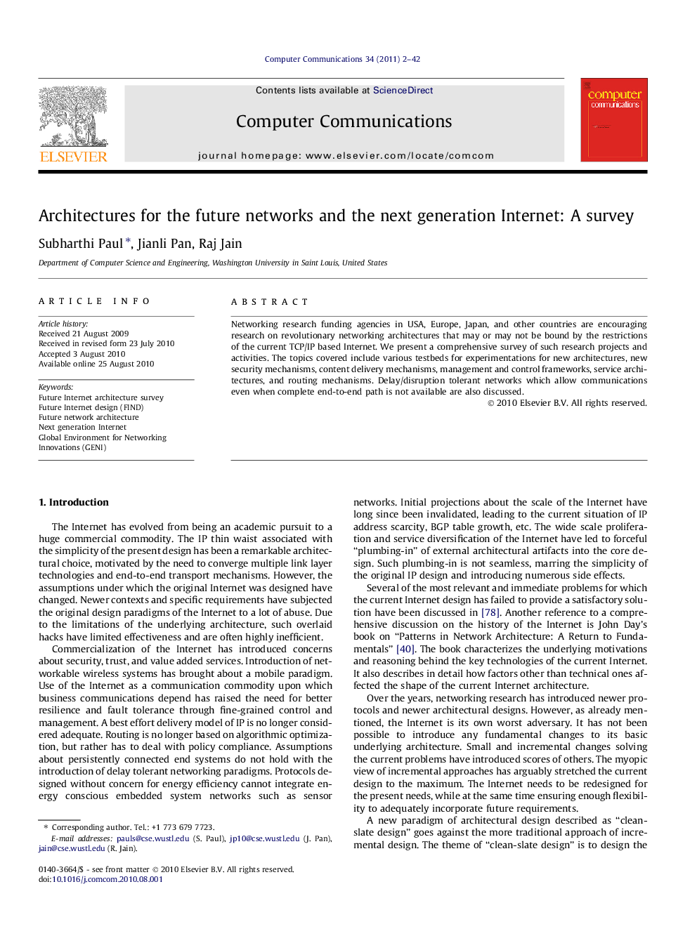 عکس صفحه اول مقاله: Architectures for the future networks and the next generation Internet: A survey Architectures for the future networks and the next generation Internet: A survey