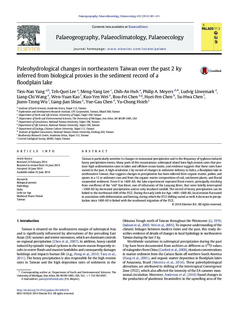 Paleohydrological changes in northeastern Taiwan over the past 2 ky inferred from biological proxies in the sediment record of a floodplain lake