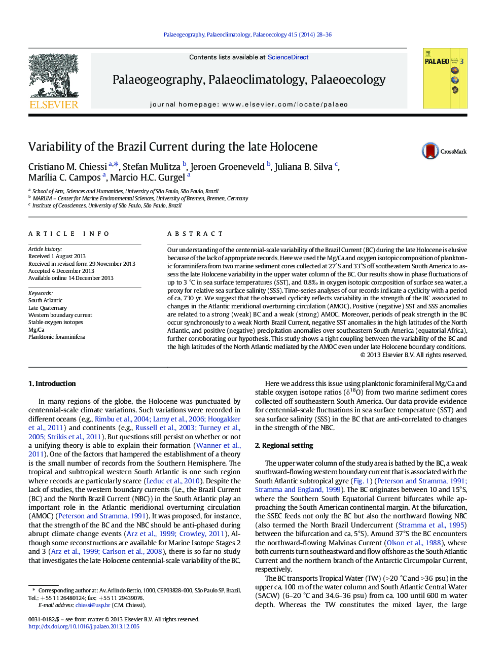 Variability of the Brazil Current during the late Holocene