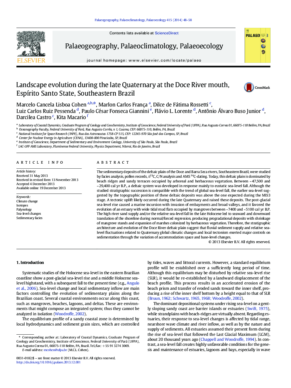 Landscape evolution during the late Quaternary at the Doce River mouth, Espírito Santo State, Southeastern Brazil