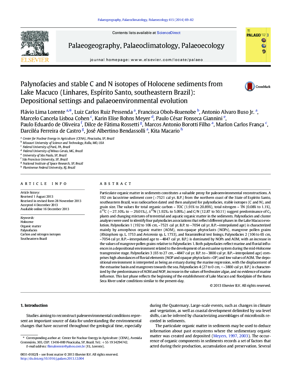 Palynofacies and stable C and N isotopes of Holocene sediments from Lake Macuco (Linhares, Espírito Santo, southeastern Brazil): Depositional settings and palaeoenvironmental evolution