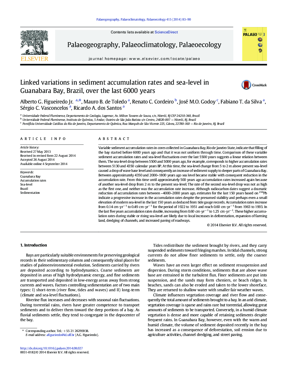 عکس صفحه اول مقاله: Linked variations in sediment accumulation rates and sea-level in Guanabara Bay, Brazil, over the last 6000 years Linked variations in sediment accumulation rates and sea-level in Guanabara Bay, Brazil, over the last 6000 years