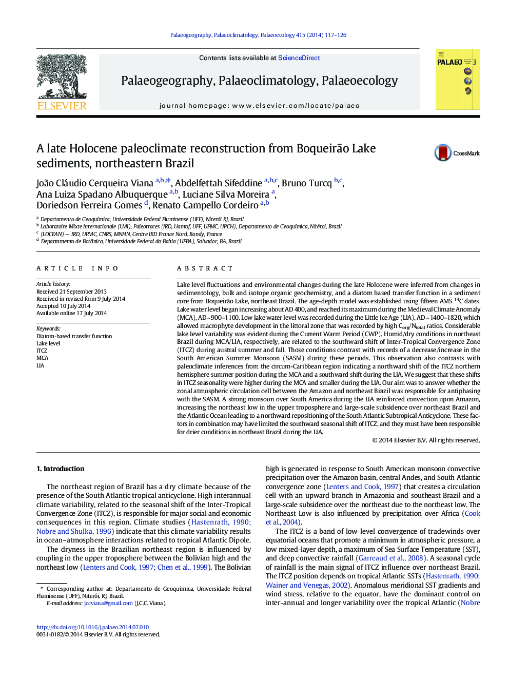 A late Holocene paleoclimate reconstruction from Boqueirão Lake sediments, northeastern Brazil