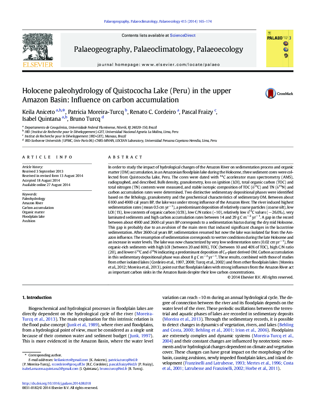 Holocene paleohydrology of Quistococha Lake (Peru) in the upper Amazon Basin: Influence on carbon accumulation