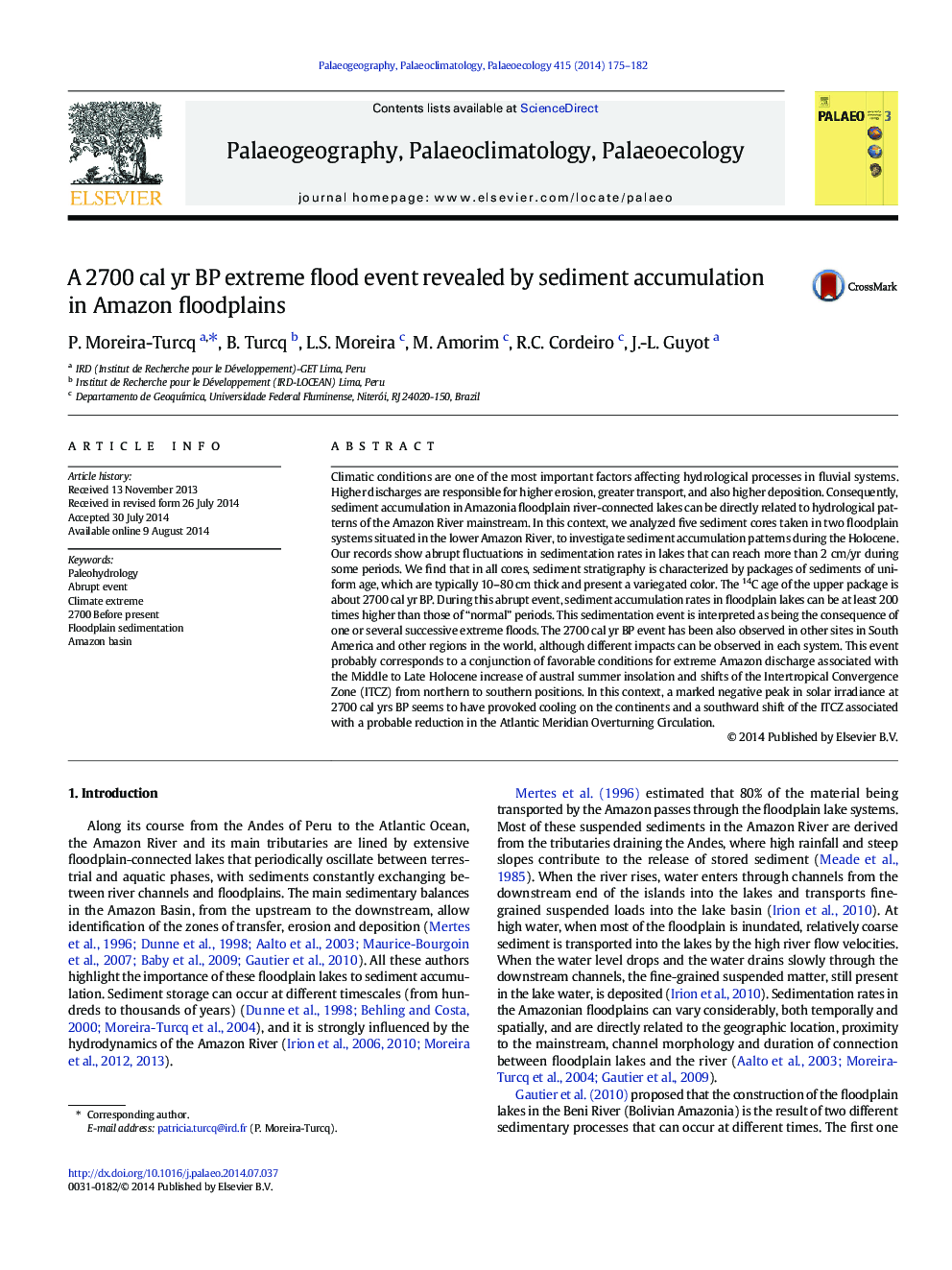 A 2700 cal yr BP extreme flood event revealed by sediment accumulation in Amazon floodplains