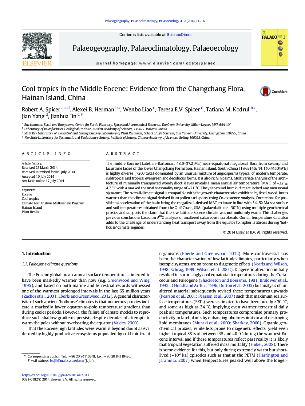 Cool tropics in the Middle Eocene: Evidence from the Changchang Flora, Hainan Island, China