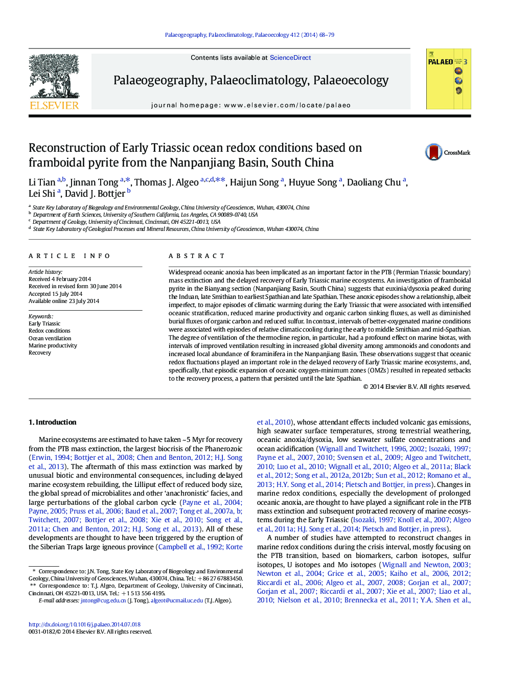 Reconstruction of Early Triassic ocean redox conditions based on framboidal pyrite from the Nanpanjiang Basin, South China