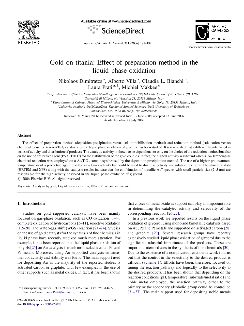 Gold on titania: Effect of preparation method in the liquid phase oxidation