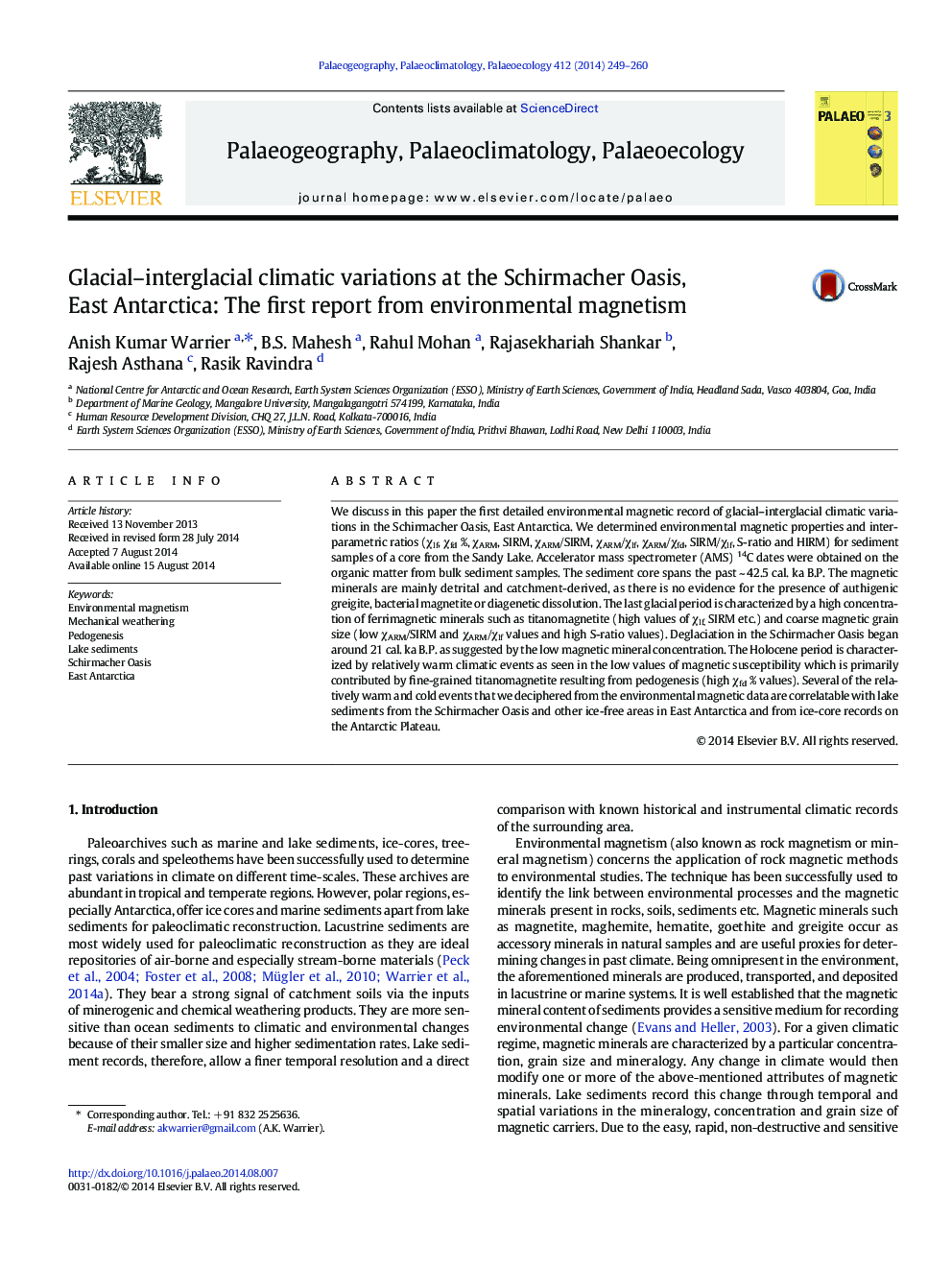 Glacial–interglacial climatic variations at the Schirmacher Oasis, East Antarctica: The first report from environmental magnetism