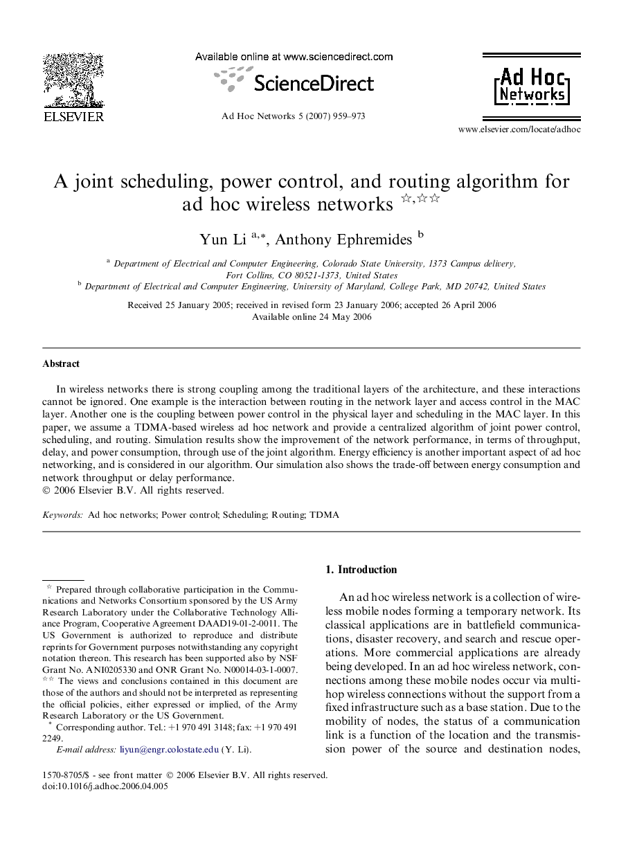 A joint scheduling, power control, and routing algorithm for ad hoc wireless networks 