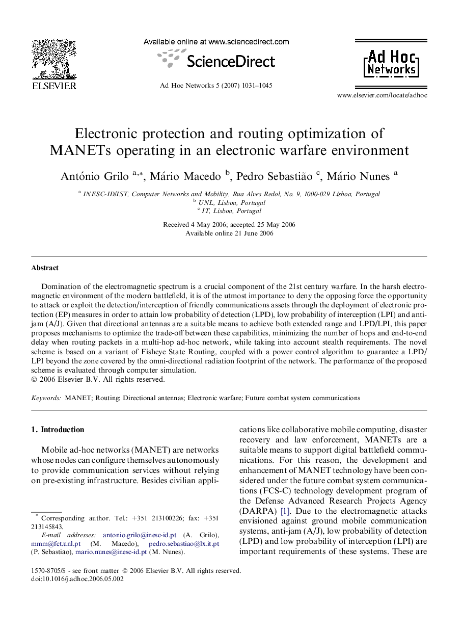 Electronic protection and routing optimization of MANETs operating in an electronic warfare environment