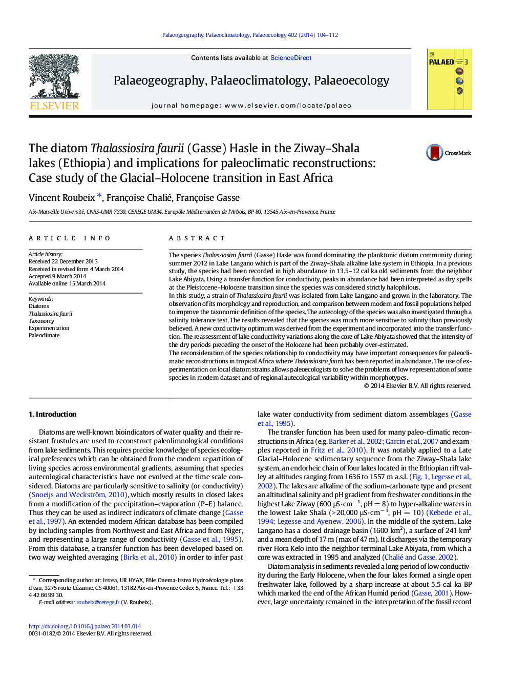 The diatom Thalassiosira faurii (Gasse) Hasle in the Ziway–Shala lakes (Ethiopia) and implications for paleoclimatic reconstructions: Case study of the Glacial–Holocene transition in East Africa