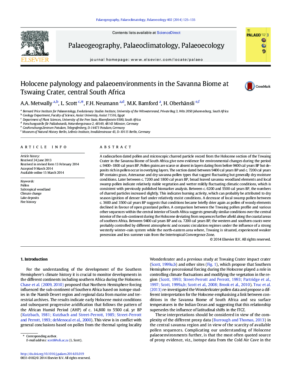 Holocene palynology and palaeoenvironments in the Savanna Biome at Tswaing Crater, central South Africa