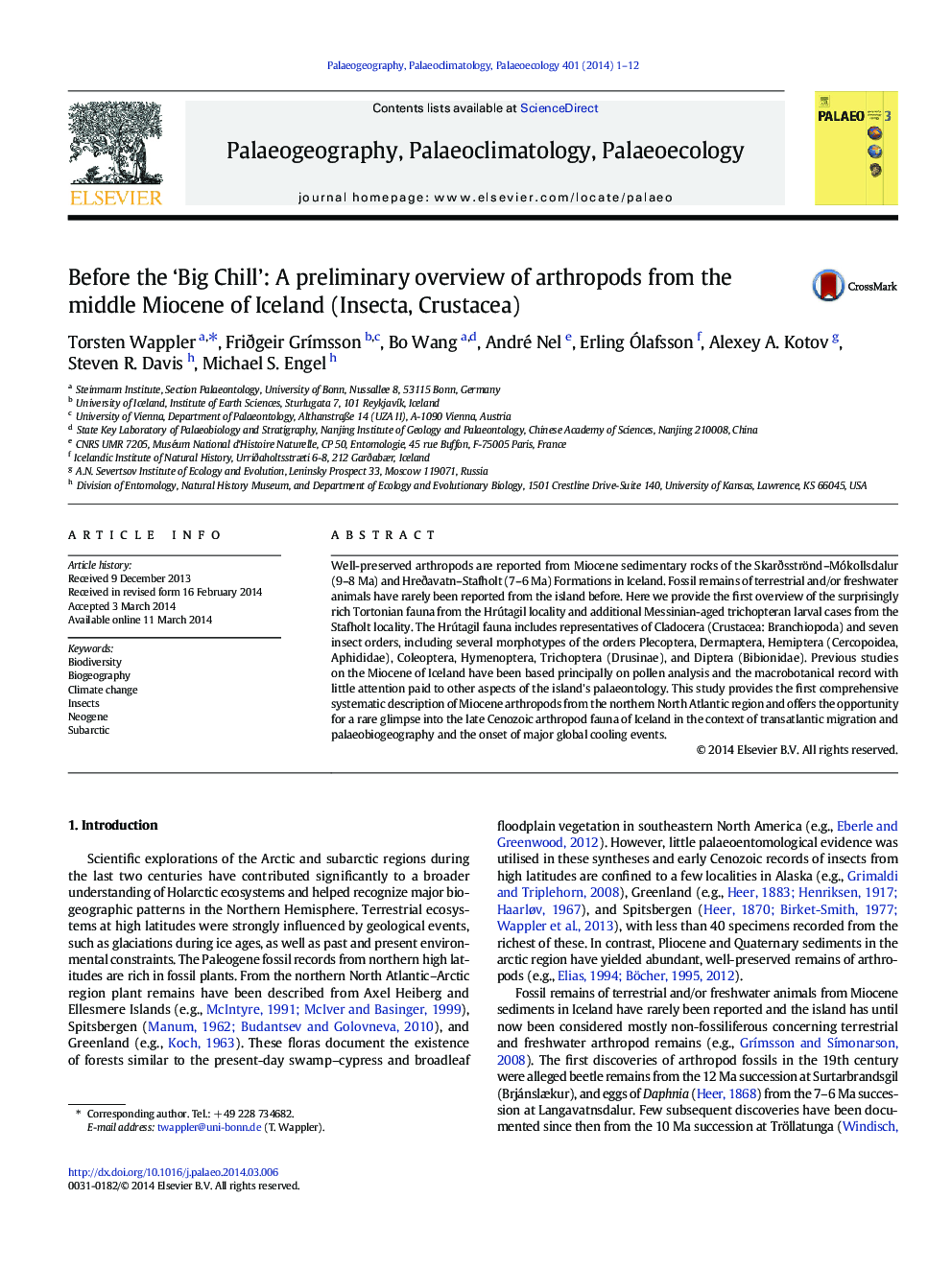 Before the ‘Big Chill’: A preliminary overview of arthropods from the middle Miocene of Iceland (Insecta, Crustacea)