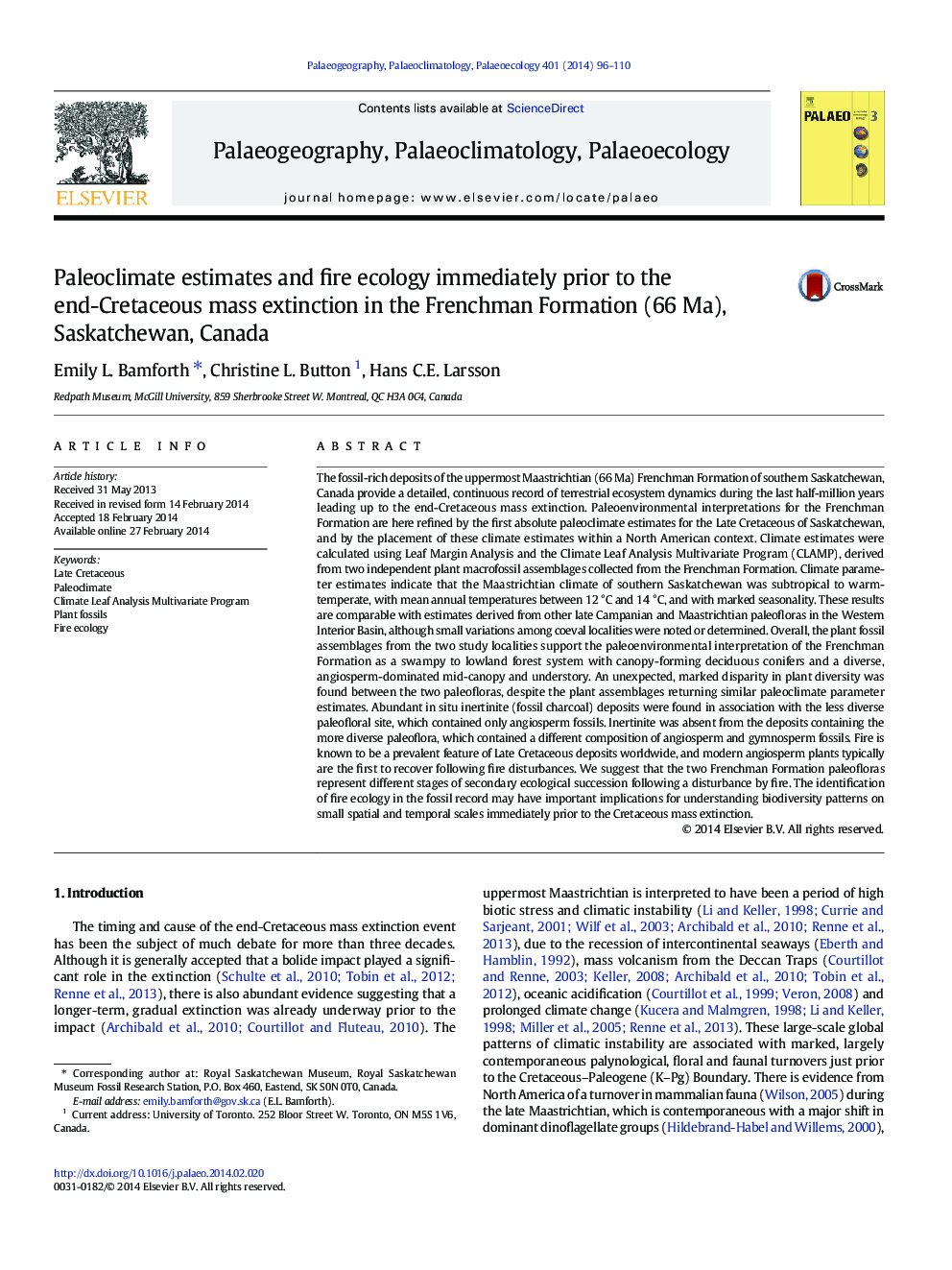 Paleoclimate estimates and fire ecology immediately prior to the end-Cretaceous mass extinction in the Frenchman Formation (66 Ma), Saskatchewan, Canada