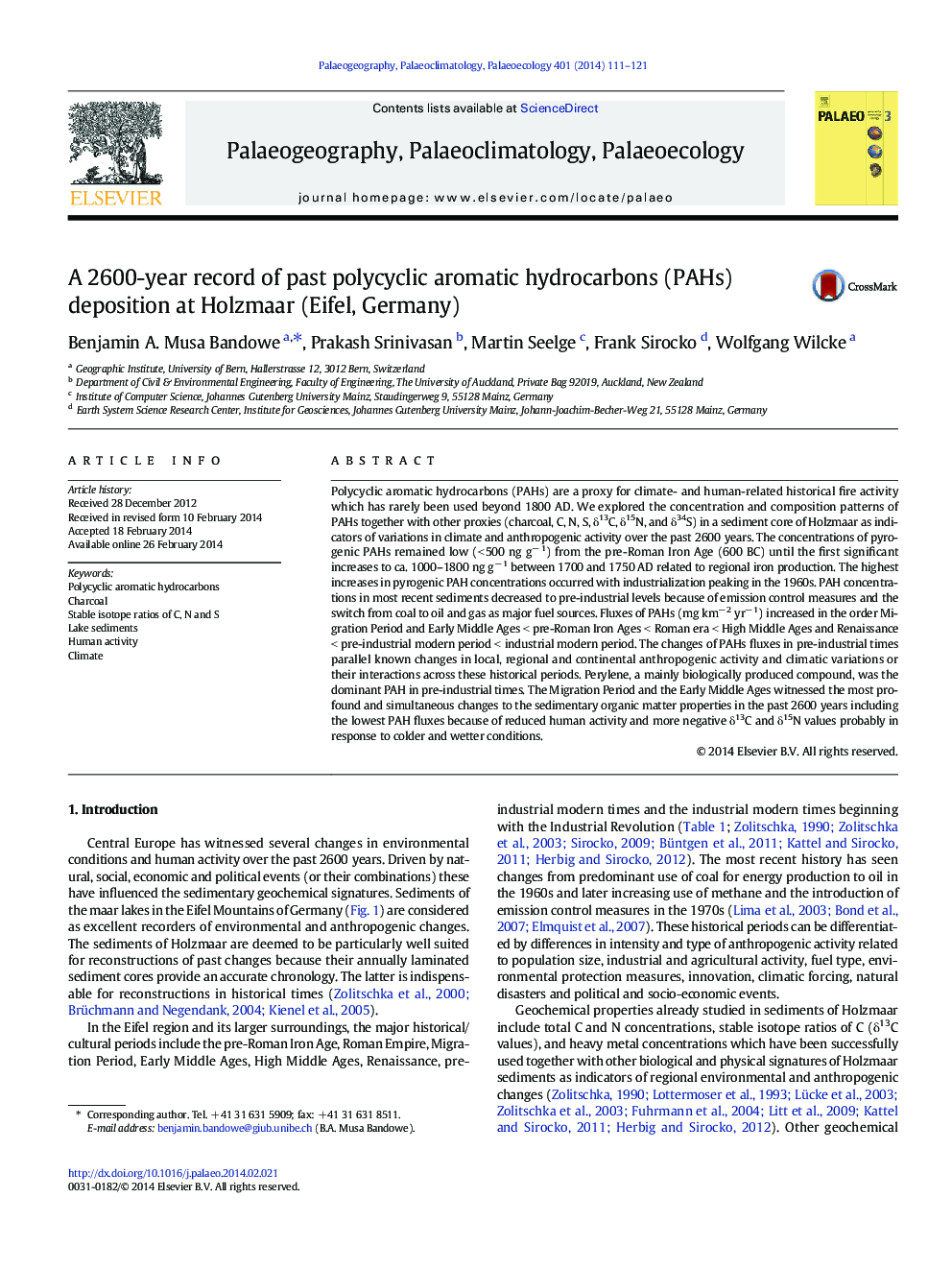 A 2600-year record of past polycyclic aromatic hydrocarbons (PAHs) deposition at Holzmaar (Eifel, Germany)